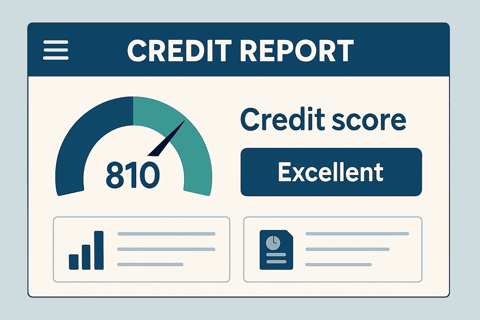A digital credit report interface showing a credit score of 810 with the label "Excellent" and visual meter gauge.