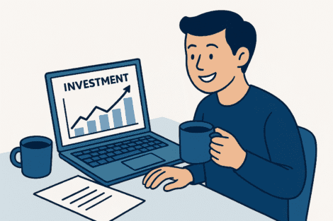 A person holding a cup of coffee while looking at a laptop screen displaying an upward graph with the word "INVESTMENT". There is another cup of coffee and a sheet of paper on the desk.
