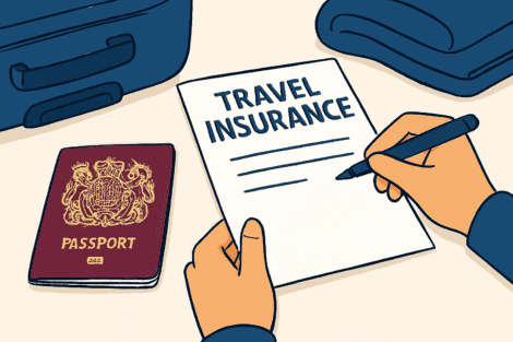 A person reviewing their travel insurance policy beside a suitcase and UK passport.